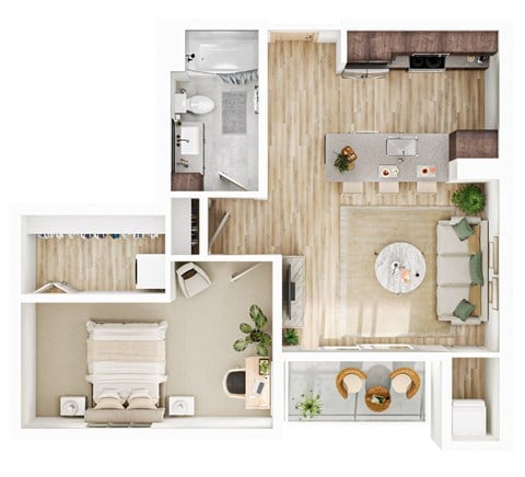 Floor plan for 1 bed, 1 bath, 753 sqft